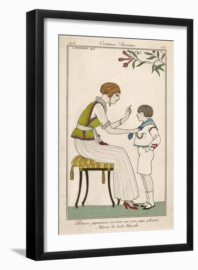 Woman: Narrow Pleated Skirt, Japonaise Silk Blouse, Short Sleevless Tunic and Sash-Georges Barbier-Framed Art Print