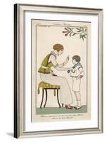 Woman: Narrow Pleated Skirt, Japonaise Silk Blouse, Short Sleevless Tunic and Sash-Georges Barbier-Framed Art Print