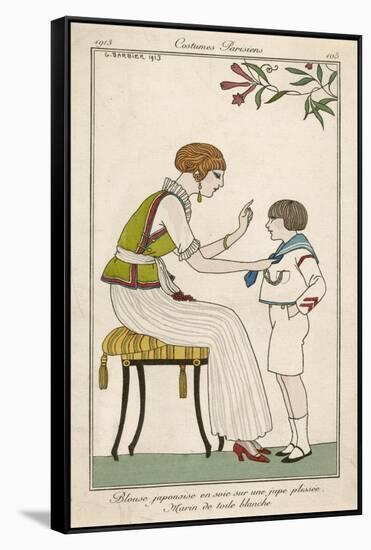 Woman: Narrow Pleated Skirt, Japonaise Silk Blouse, Short Sleevless Tunic and Sash-Georges Barbier-Framed Stretched Canvas