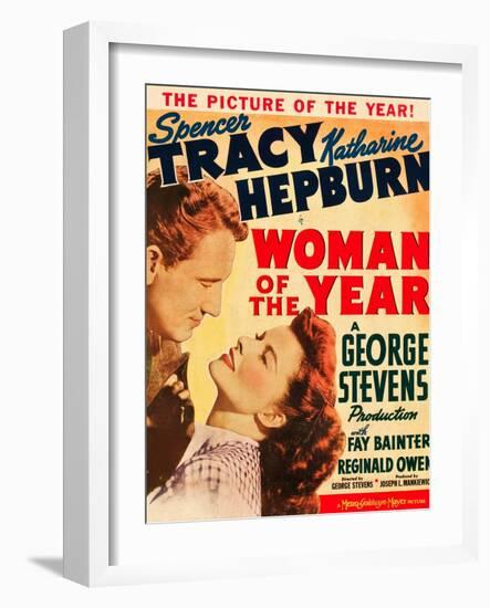 Woman of the Year, Spencer Tracy, Katharine Hepburn on window card, 1942-null-Framed Art Print