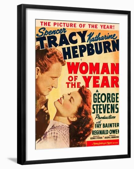 Woman of the Year, Spencer Tracy, Katharine Hepburn on window card, 1942-null-Framed Art Print