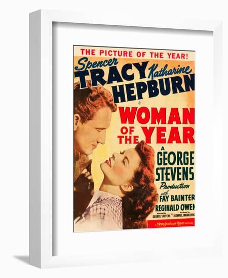 Woman of the Year, Spencer Tracy, Katharine Hepburn on window card, 1942-null-Framed Art Print