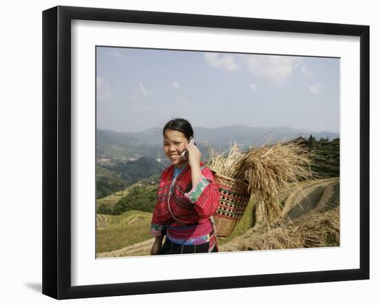 Woman of Yao Minority with Cellphone, Longsheng Terraced Ricefields, Guangxi Province, China-Angelo Cavalli-Framed Photographic Print