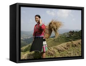 Woman of Yao Minority with Cellphone, Longsheng Terraced Ricefields, Guangxi Province, China-Angelo Cavalli-Framed Stretched Canvas