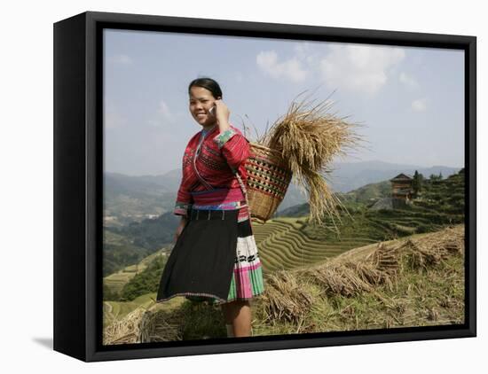 Woman of Yao Minority with Cellphone, Longsheng Terraced Ricefields, Guangxi Province, China-Angelo Cavalli-Framed Stretched Canvas