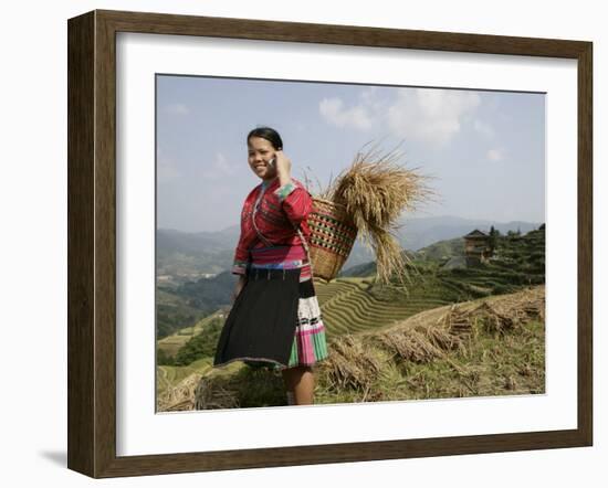 Woman of Yao Minority with Cellphone, Longsheng Terraced Ricefields, Guangxi Province, China-Angelo Cavalli-Framed Photographic Print