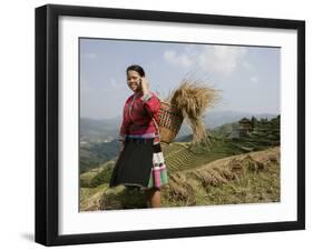 Woman of Yao Minority with Cellphone, Longsheng Terraced Ricefields, Guangxi Province, China-Angelo Cavalli-Framed Photographic Print