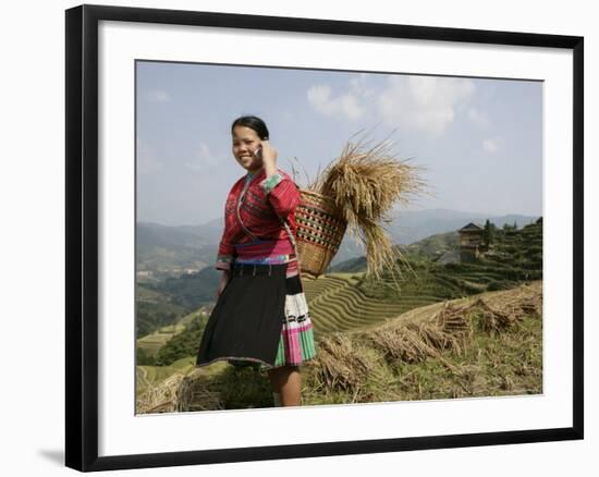 Woman of Yao Minority with Cellphone, Longsheng Terraced Ricefields, Guangxi Province, China-Angelo Cavalli-Framed Photographic Print