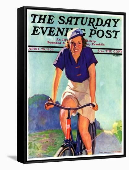 "Woman on a Bike," Saturday Evening Post Cover, April 28, 1934-John Newton Howitt-Framed Stretched Canvas