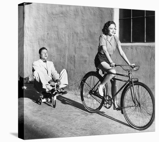 Woman on Bicycle Man Tricycle-null-Stretched Canvas