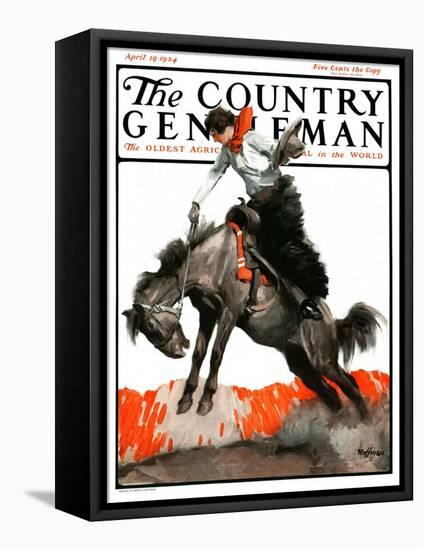 "Woman on Bucking Bronco," Country Gentleman Cover, April 19, 1924-Frank Hoffman-Framed Stretched Canvas