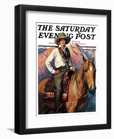 "Woman on Horse in Mountains," Saturday Evening Post Cover, October 6, 1928-William Henry Dethlef Koerner-Framed Giclee Print