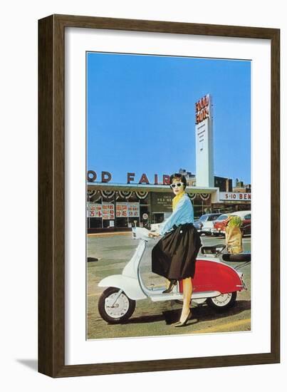 Woman on Scooter, Retro-null-Framed Art Print