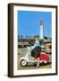 Woman on Scooter, Retro-null-Framed Art Print