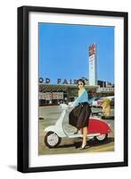 Woman on Scooter, Retro-null-Framed Art Print