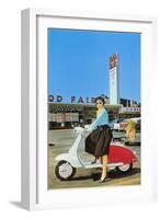 Woman on Scooter, Retro-null-Framed Art Print