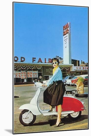 Woman on Scooter, Retro-null-Mounted Art Print