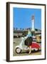 Woman on Scooter, Retro-null-Framed Art Print