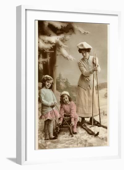 Woman on Skis, Girls on Sled-null-Framed Art Print