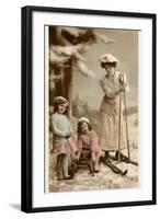 Woman on Skis, Girls on Sled-null-Framed Art Print