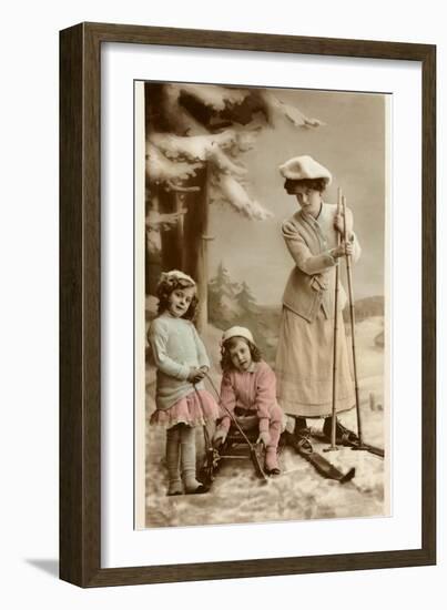 Woman on Skis, Girls on Sled-null-Framed Art Print