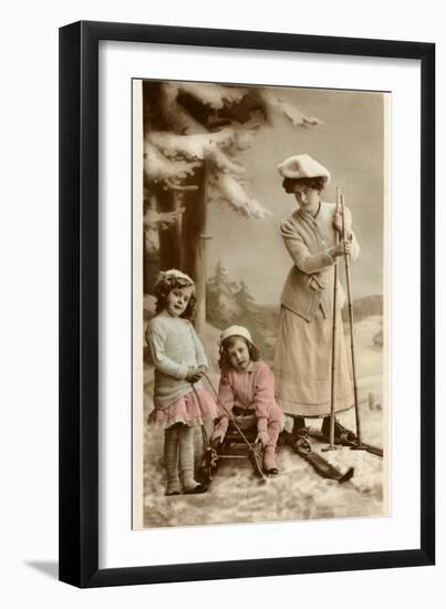 Woman on Skis, Girls on Sled-null-Framed Art Print