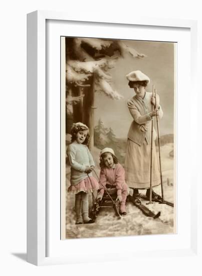 Woman on Skis, Girls on Sled-null-Framed Art Print