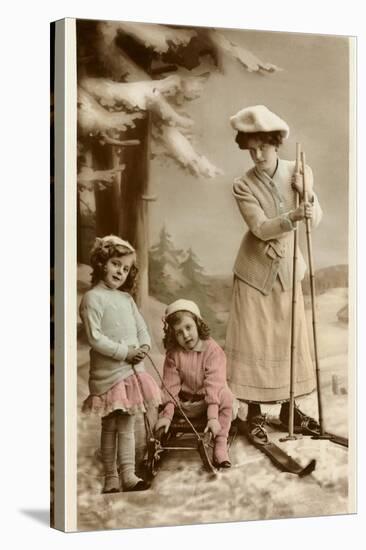 Woman on Skis, Girls on Sled-null-Stretched Canvas