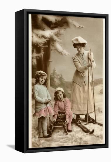 Woman on Skis, Girls on Sled-null-Framed Stretched Canvas