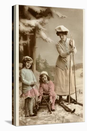 Woman on Skis, Girls on Sled-null-Stretched Canvas