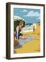 Woman on the Beach - Surfboards and Trees-Lantern Press-Framed Art Print