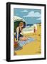 Woman on the Beach - Surfboards and Trees-Lantern Press-Framed Art Print