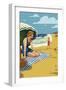 Woman on the Beach - Surfboards and Trees-Lantern Press-Framed Art Print