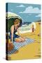 Woman on the Beach - Surfboards and Trees-Lantern Press-Stretched Canvas