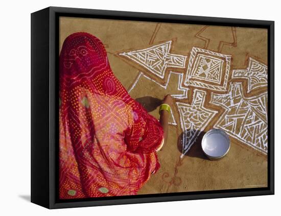 Woman Painting a Mandala Design on the Ground, Near Jodhpur, Rajasthan, India-Bruno Morandi-Framed Stretched Canvas