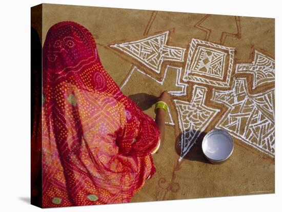 Woman Painting a Mandala Design on the Ground, Near Jodhpur, Rajasthan, India-Bruno Morandi-Stretched Canvas