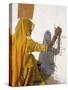 Woman Painting Design on a Wall in a Village Near Jaisalmer, Rajasthan State, India-Bruno Morandi-Stretched Canvas