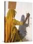 Woman Painting Design on a Wall in a Village Near Jaisalmer, Rajasthan State, India-Bruno Morandi-Stretched Canvas