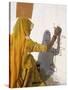 Woman Painting Design on a Wall in a Village Near Jaisalmer, Rajasthan State, India-Bruno Morandi-Stretched Canvas