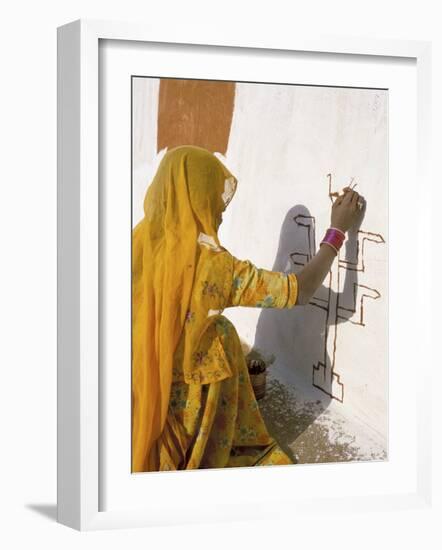 Woman Painting Design on a Wall in a Village Near Jaisalmer, Rajasthan State, India-Bruno Morandi-Framed Photographic Print