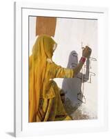 Woman Painting Design on a Wall in a Village Near Jaisalmer, Rajasthan State, India-Bruno Morandi-Framed Photographic Print