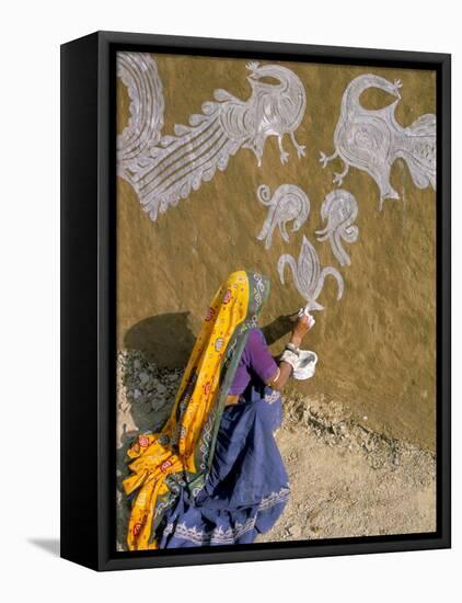 Woman Painting Designs on Her House, Tonk Region, Rajasthan State, India-Bruno Morandi-Framed Stretched Canvas