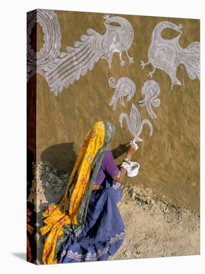 Woman Painting Designs on Her House, Tonk Region, Rajasthan State, India-Bruno Morandi-Stretched Canvas
