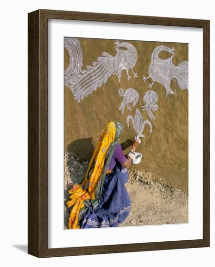 Woman Painting Designs on Her House, Tonk Region, Rajasthan State, India-Bruno Morandi-Framed Photographic Print