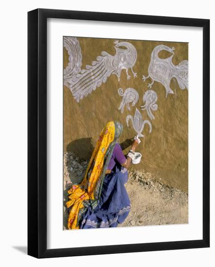 Woman Painting Designs on Her House, Tonk Region, Rajasthan State, India-Bruno Morandi-Framed Photographic Print