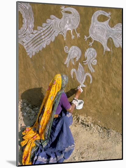 Woman Painting Designs on Her House, Tonk Region, Rajasthan State, India-Bruno Morandi-Mounted Photographic Print