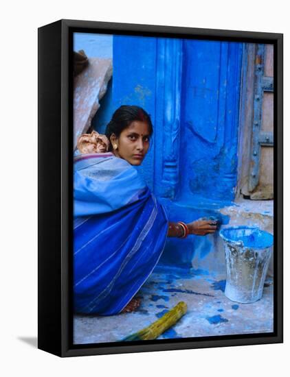 Woman Painting Her House, Jodhpur, Rajasthan, India-Bruno Morandi-Framed Stretched Canvas