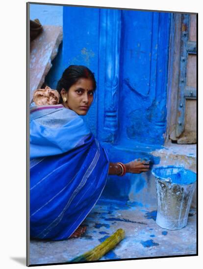 Woman Painting Her House, Jodhpur, Rajasthan, India-Bruno Morandi-Mounted Photographic Print