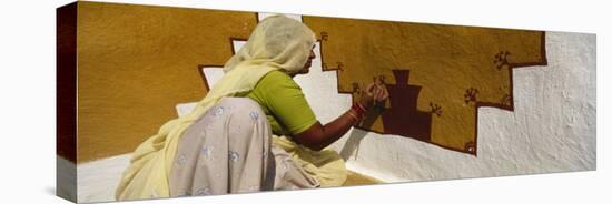 Woman Painting on a Wall, Thar Desert, Jaisalmer, Rajasthan, India-null-Stretched Canvas