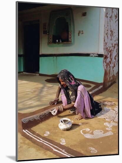Woman Painting the Wall of a Village House, Tonk Region, Rajasthan, India-Bruno Morandi-Mounted Photographic Print